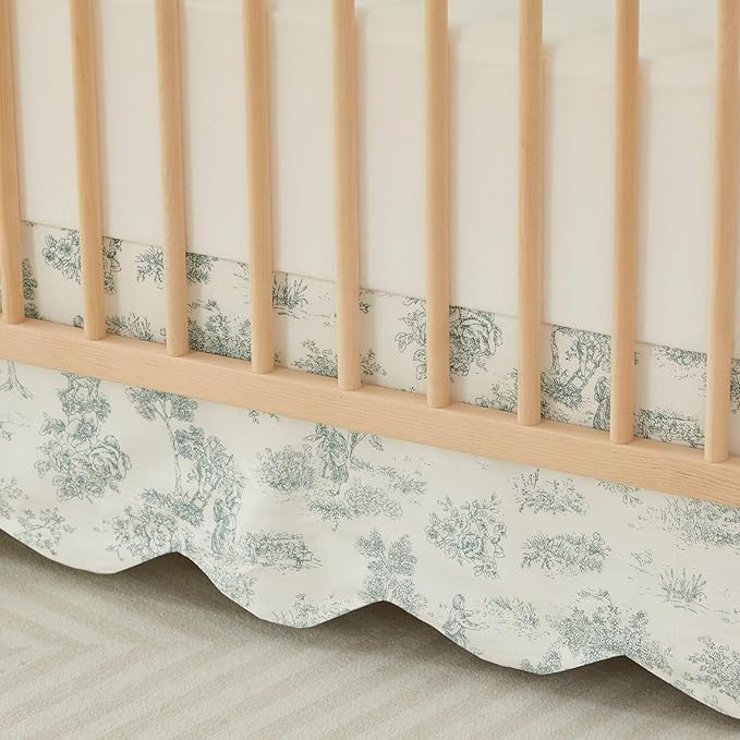 Brandream Scallop Edge Cotton Crib Skirt French Country Toile Toddler Bedskirt Baby Nursery Crib Bed Skirt Boho Bohemian Neutral Vintage Green Toile Floral Farmhouse Chic Boho Bohemian Skirt