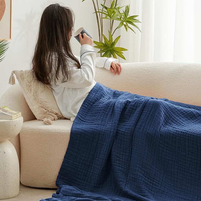 Love's cabin 6 Layer 100% Cotton Muslin Blanket, 108"x90" Muslin King Size Blanket for Bed Couch, Lightweight and Breathable Cotton Gauze for Adult, Dark Blue