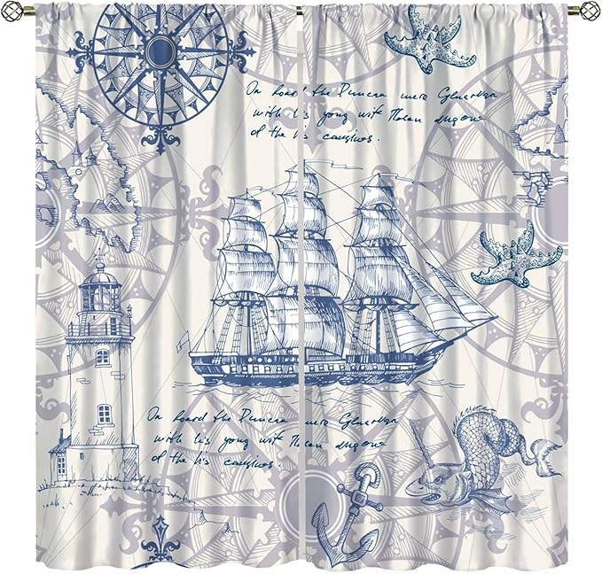 Nautical Sailboat Map Curtain,Ship Compass Lighthouse Anchor Decorative Curtain Polyester Fabric Waterproof Bedroom Curtain Set 2 Panels,63x63 Inches