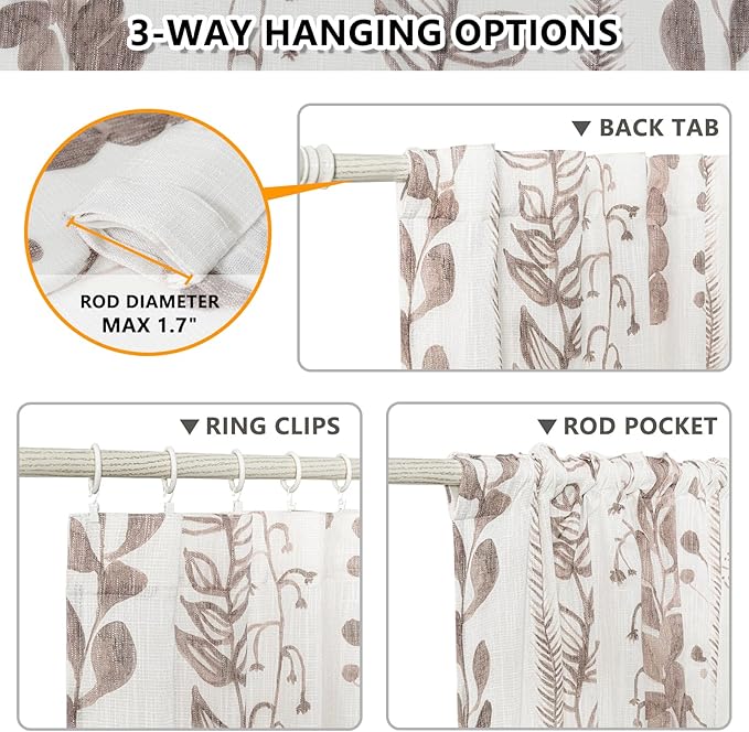 MEETSKY Flax Linen Boho Curtains 95 Inches, 2 Panels Light Filtering Window Modern Cotton Curtain for Living Room Brown Leaf Printed Soft Rod Pocket Curtain for Bedroom Office, 52x95 Inch