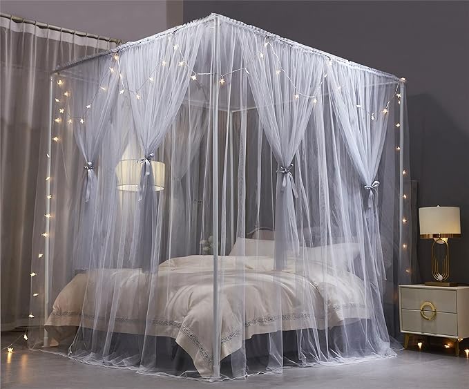 VETHIN 4 Corners Post Princess Bed Canopy Curtain Double Layer Cozy Drape Netting 4 Opening Mosquito Net for Girls & Adults Bedroom Decoration Accessories (Double Gray, 47" W*78" L*82"*H/Twin)