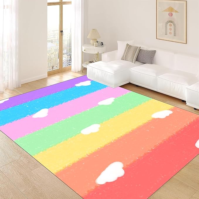 Soft Rainbow Area Rugs Girl's Bedroom Fluffy Colorful Rugs Cute Floor Mats Furry Children's Play Mats White Cloud Rainbow Prints Living Room Kids Room Nursery Home Decor 6x8ft