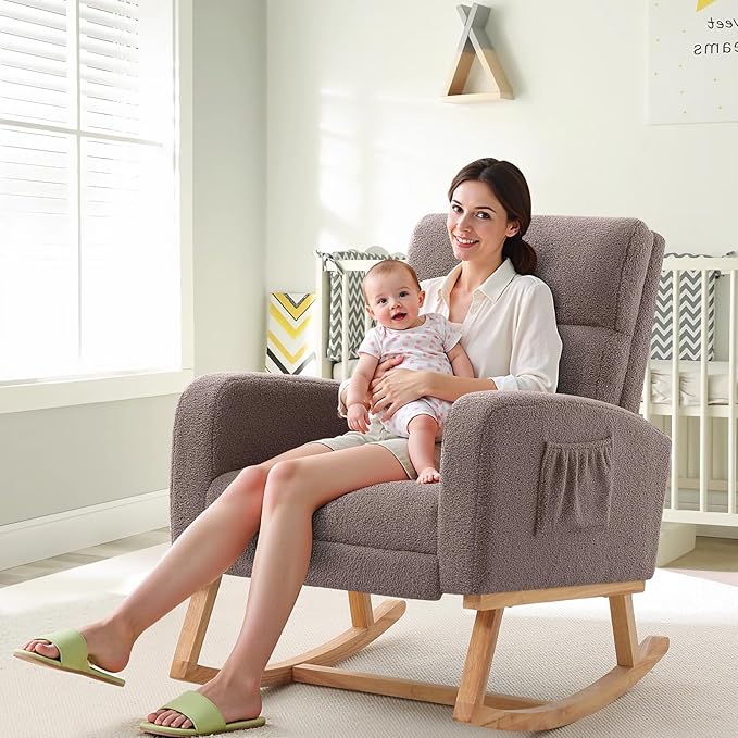Rocking Chair Nursery with Foot Rest, Nursing Rocking Chairs for Mom Nursery, Teddy Rocker Glider with High Backrest for Living Room, Bedroom, Coffee