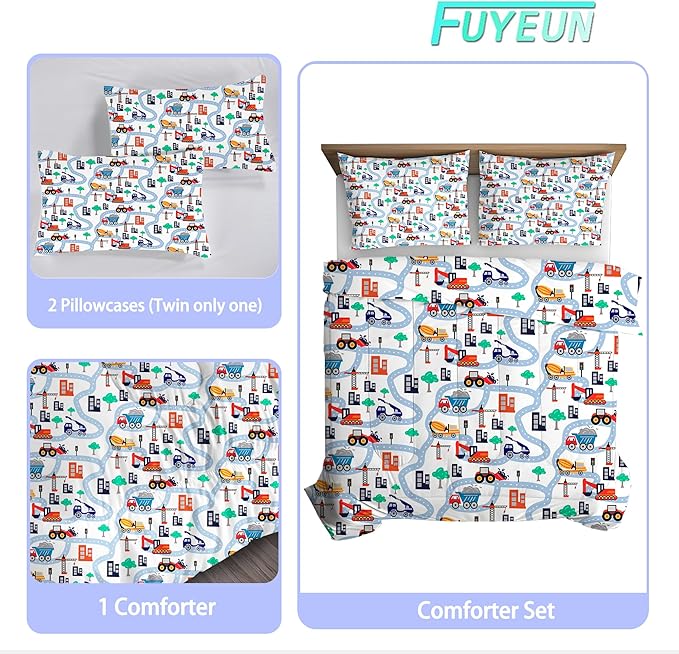 Cars Comforter Set Queen: Cartoon Truck Bedding for Boys Kids Teen Men Bedroom Construction White Dorm Quilt 1 Comforter + 2 Pillow Cases