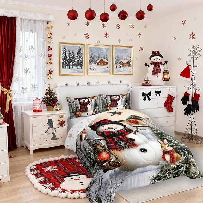 Kawaii Snowman Girls Bedding Set Twin Size,Rabbit Bird Winter Poinsettia Comforter Set,Pine Tree Xmas Animal Snowflake Quilt Comforter Girls Boys Teens,Gray Green Room Decor All Season,1 Pillowcase