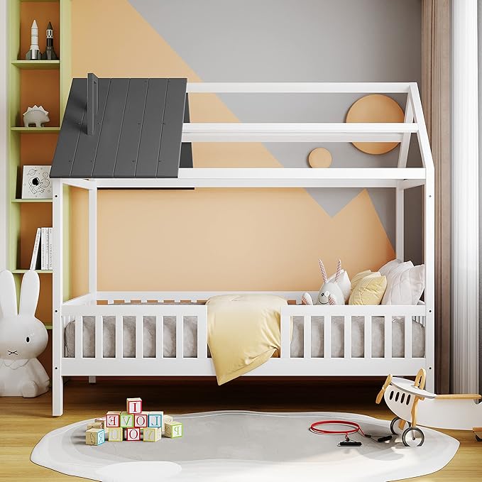 Bellemave Twin House BedFrame with Roof, Montessori Floor Bed, House Bed with Rails for Kids, White+Gray