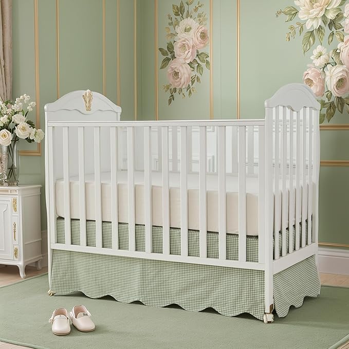 Brandream Scallop Edge Cotton Crib Skirt, Baby Boy, Baby Girl, Gender Neutral Crib Skirt Toddler Bedskirt Farmhouse Chic Nursery Crib Bed Skirt, Boho Bohemian Solid Green Gingham