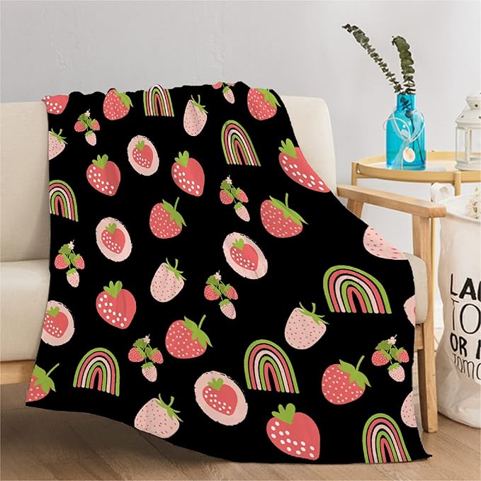 Thuswarm Cute Pink Strawberry Rainbow Flannel Throw Blanket Warm Cozy Soft Funny Print Blankets for Bed Couch Sofa Room Decoration Gifts 120"×90" Extra Large for Family