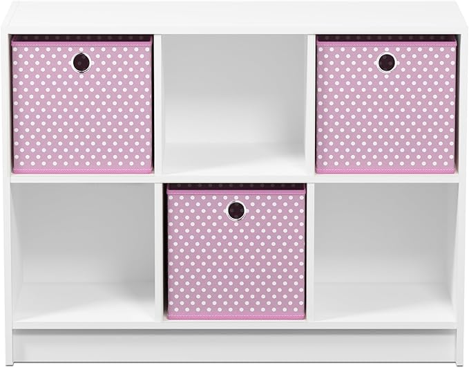 Furinno BASIC Book Shelf, 6-Cube Bookshelf, 3 x 2 Bookcase with Storage Bins, 11.9 x 31.6 x 23.6, for Living Room, Bedroom, Home Office, White/Pink