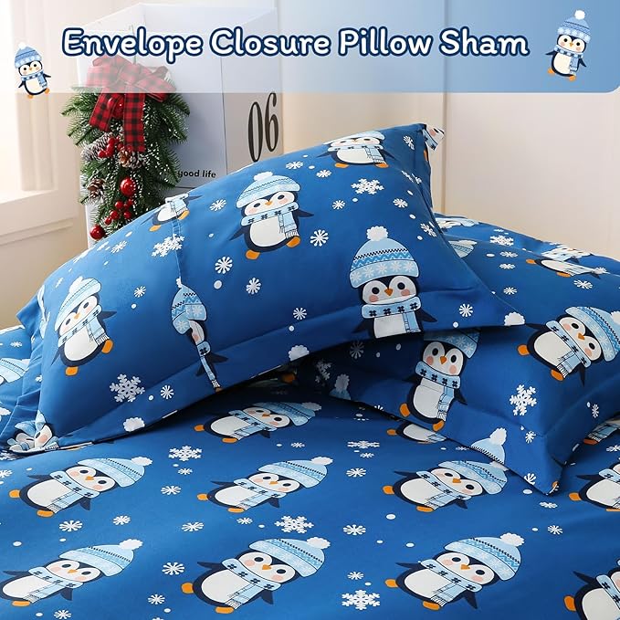 JSD Penguin Snowflakes Kids Christmas Duvet Cover Set Full Size, 3 Piece Xmas Comforter Cover with Pillow Sham Zipper Closure, Comforter Not Included