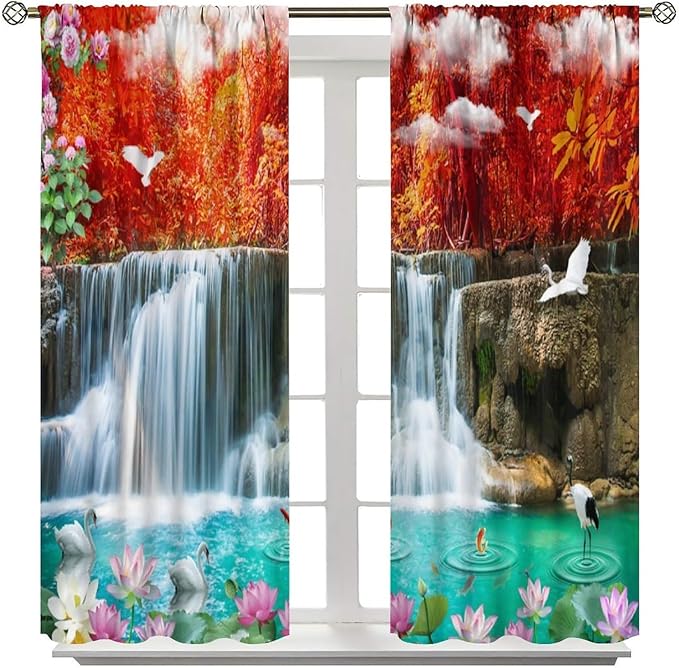 Nature Blackout Curtains, Waterfall Landscape Forest River Crane Fish Floral Pattern Rod Pocket Window Drapes, for Bedroom Living Room 84" W X 84" L