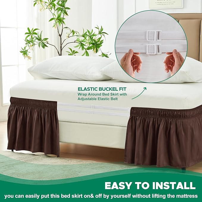 Biscaynebay Wrap Around Bed Skirts for King & Cal King Beds 19" Long Drop, Brown Adjustable Elastic Dust Ruffles Easy Fit Wrinkle & Fade Resistant Silky Luxurious Fabric Solid Machine Washable