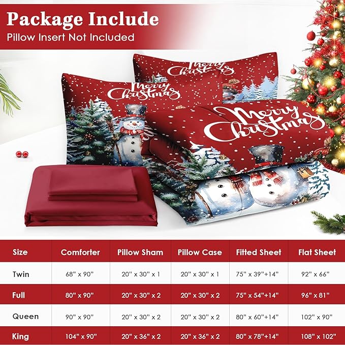 7 Pcs Full Size Christmas Comforter Set with 2 Pillowcases & 2 Shams, Winter Wonderland Bedding for Kids and Adults, Happy Snowman Bed in a Bag with Flat Fitted Sheet