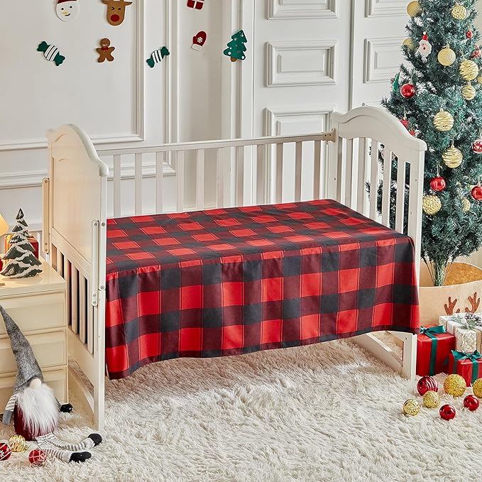 Christmas Red Crib Bedding Set 3 Pieces New Year Style Quilted Plaid Comforter with Fitted Sheet and Bed Skirt - Cute Santa Claus Snowman Tree Deer Design Baby Gift Crib Bed Set