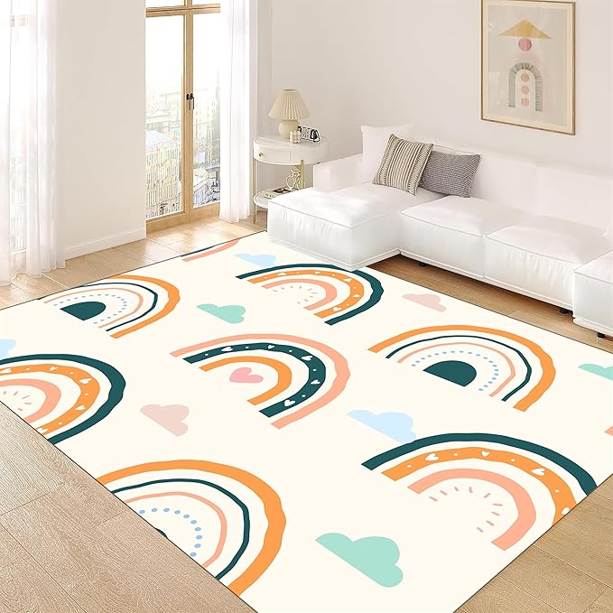 Children's Carpet Girl's Bedroom Rainbow Carpet Living Room Area Rugs Soft Washable Non-Slip Rugs Simple Lovely Rainbow White Cloud Print Children's Room Nursery Decoration Beige 6x9ft