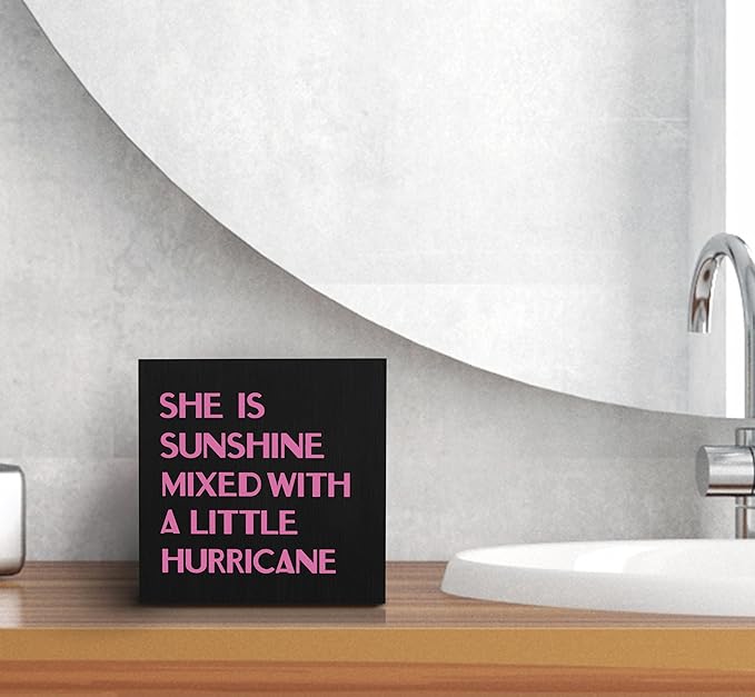 SRADMO She Is Sunshine Mixed with a Little Hurricane Boho Purple Wood Box Sign Desk Decor, Baby Girls Inspirational Wooden Box Decor for Girls Room Nursery Shelf Table Decorative Accessories (Black)