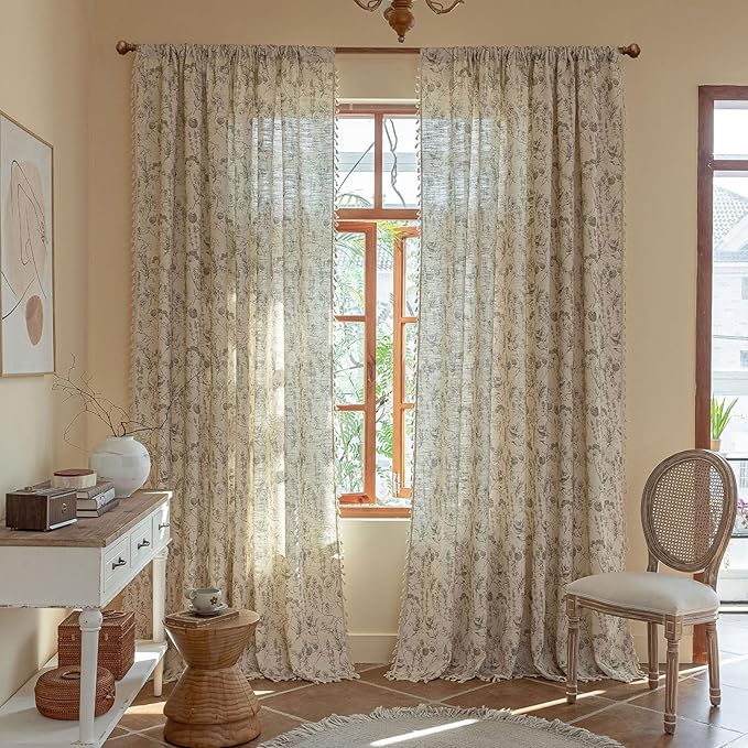 ENJOYBRIDAL Floral Curtains 84 Inch Long Vintage 2 Panels Drapes Rod Pocket Semi Sheer Rustic Bedroom Window Curtain Panels Boho Tassel Living Room Farmhouse Botanical Window Treatments