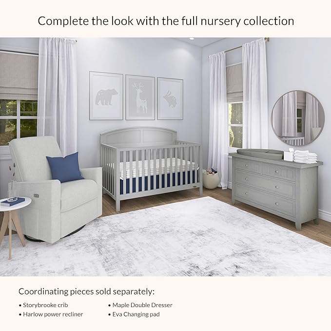 Dream On Me Storybrooke 5-in-1 Convertible Full-Size Baby Crib in Pebble Grey, GreenGuard Gold & JPMA, Convert to Toddler, Day & Full-Size Bed, Sustainable Pinewood, 3 Mattress Heights