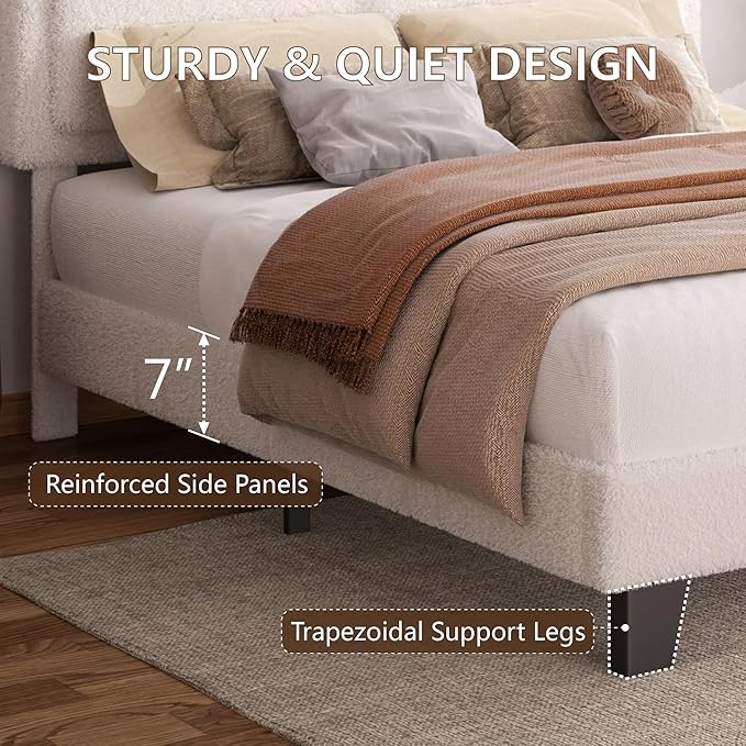 Full Size Boucle Bed Frame, Upholstered Platform Cloud Bed Frame with Headboard, Soft Teddy Fabric, Modern Style, No Box Spring Required, Easy Assembly, Beige