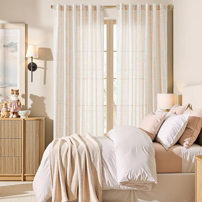 jinchan Linen Nursery Curtains for Living Room Boho Curtains for Bedroom Kids Room 63 Inches Long Pink Geometric Printed Farmhouse Drapes Rod Pocket Window Treatment Curtain Set of 2 Panels Peachy