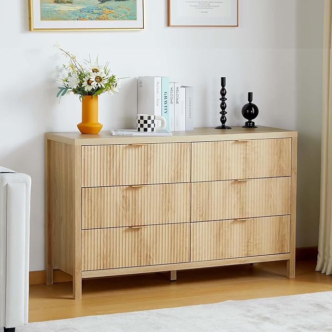 Fluted 6 Drawer Double Dresser for Bedroom, 47" Wide Modern Closet Dressers Chest of Drawers, Wood Storage Dresser Organizer for Nursery Bedroom Living Room Hallway Closet,Natural