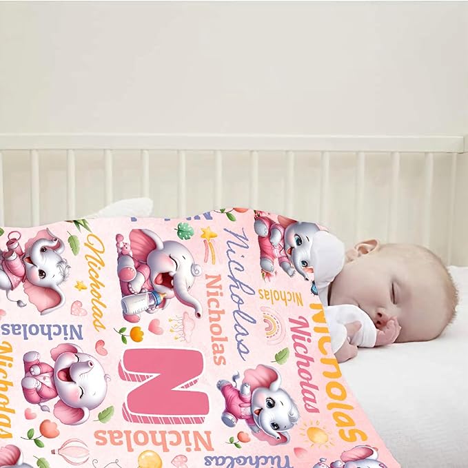 Personalized Custom Pink Elephant Preschool Blanket Gifts for Baby Toddler Kids Boys Girls - Customized Pink Elephant Soft Lightweight Flannel Sheets Decor for Crib Nap Couch - 30"x40" for Baby/Pets