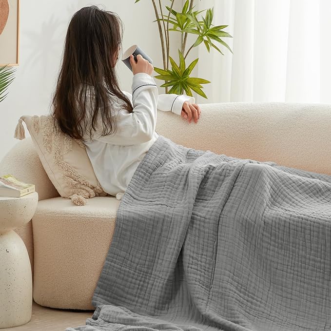 Love's cabin 6 Layer 100% Cotton Muslin Blanket, 50"x60" Throw Muslin Blanket for Couch Bed, Lightweight and Breathable Cotton Gauze for Adult, Medium Grey