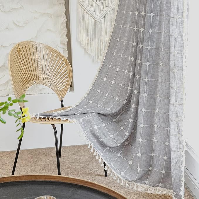 Deeprove Boho Curtains 96 Inches Long for Bedroom Kitchen, Cotton Linen Gray Plaids Embroidered Semi Blackout Bohemian Farmhouse Window Treatment Grids Drape Tassels, 1 Panel W52 x L96 Grey