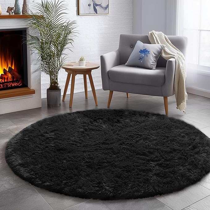 Black Round Rug 7Ft for Bedroom Aesthetic, Fluffy Plush Circle Area Rugs for Living Room, Large Big Fuzzy Modern Cool Carpet for Baby Kids Teen Boys Mens, Office Playroom Nursery Apartment Home Decor