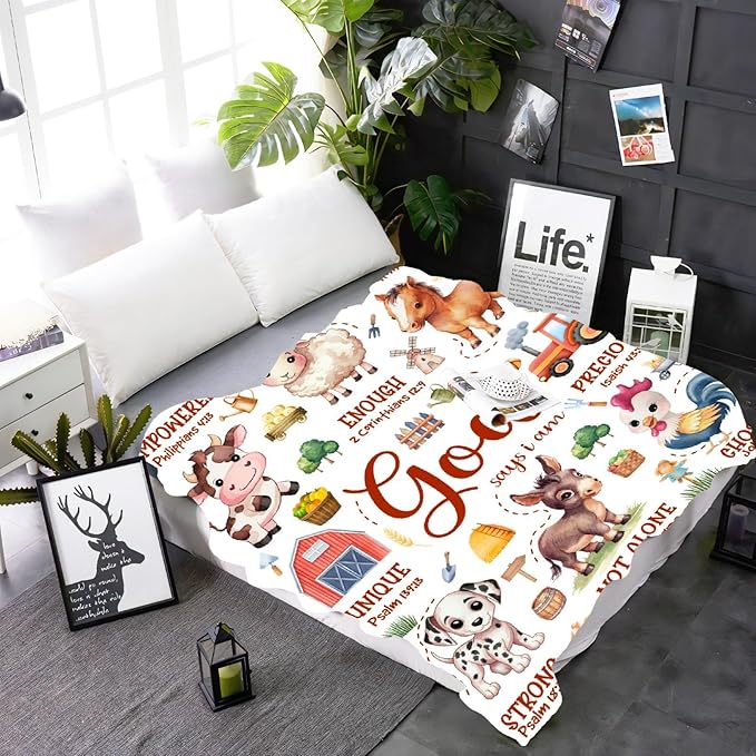 Farm Animal Blanket,Bible Verse Blanket, Christian Gifts, Cow Sheep Horse Chicken Dog Tractor Print Blankets,Cute Religious Gifts for Women Men,Farm Animals Lover Room Bed Decoration, 60"x80"