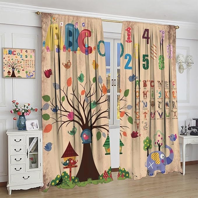 Animal Alphabet Numbers Tree Curtain Learning ABC Letters Birds Numbers Home Printed Rod Pocket Window Treatments for Bedroom Living Room Playroom Nursery 42" W X 63" L