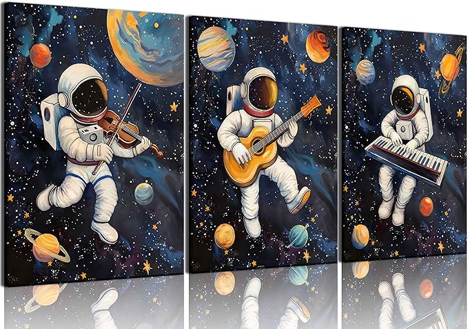 3Pcs Space Astronaut Music Canvas Wall Art Cute Astronaut Musician Decor Pictures Funny Piano Guitar Violin Posters Prints for Boys Room Girls Room Kids Room Nursery Decoration