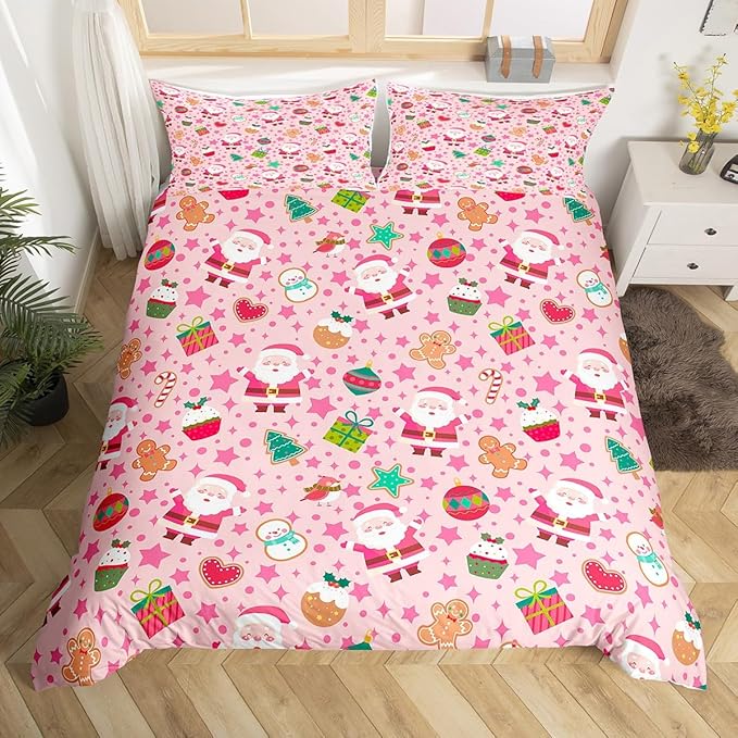 Feelyou Pink Christmas Duvet Cover Full Size Cartoon Santa Claus Gingerbread Man Bedding Set for Boys Girls Snowman Xmas Decor Comforter Cover Reversible Pink Bedroom Decor 3Pcs