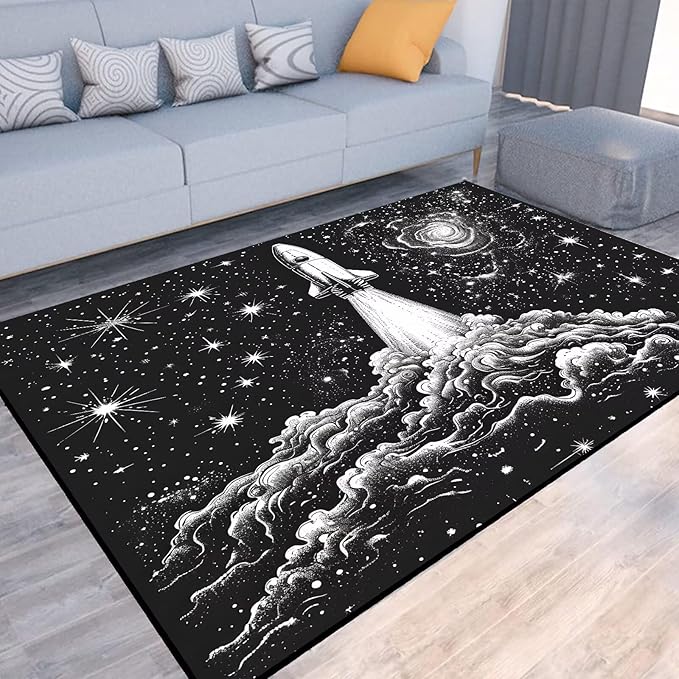 Space Rug for Kids Room Black Galaxy Rocket Rugs for Boys Bedroom Stars Carpet Planet Throw Rugs for Teens Doormat Living Room,39 in x 79 in
