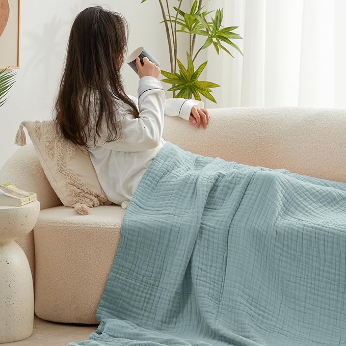 Love's cabin 6 Layer 100% Cotton Muslin Blanket, 50"x60" Throw Muslin Blanket for Couch Bed, Cyan Muslin Throw Blanket, Lightweight and Breathable Cotton Gauze for Adult