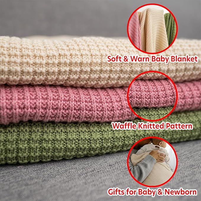 Baby Knit Blanket, 100% Cotton Waffle Patterns, Soft, Cozy, Lightweight Swaddle for Newborn & Infant Swaddling Beige Neutral, Perfect Baby Shower Ideas Beige 30x40