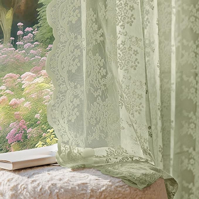 Anmao Vintage Lace Curtains 84 Inches Long 2 Panels Set, Romantic Elegant Light Filtering Semi Sheer Floral Thick Lacy Curtain Drapes for Living Room and Bedroom, Each Panel 55W x 84L, Dry Grass Green