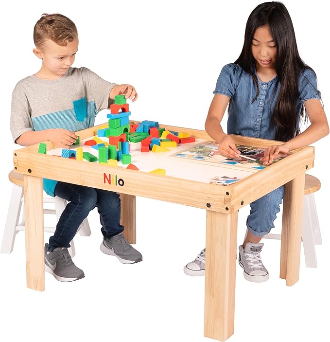 NILO Kids Play Table Set with 2 Compatible Lego Duplo Detachable Two-Sided Baseplates/Boards/Mats (N34 Activity Table Without Holes, 24x32x20 and 2X Green Base Plates 12x32)