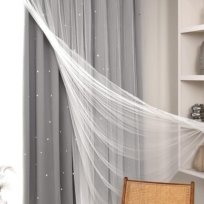 Kinryb Kids Blackout Curtains for Bedroom/Living Room/Classroom, Sheer Overlay 72 Inches 2 Panel Set, Double Layer Curtains with Star Cutout for Kids Room(W 52 x L 72 Inches,Silver Grey 2 Pcs)