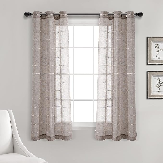 Lush Decor Farmhouse Textured Grommet Sheer Window Curtain Panel Pair, 38"W x 63"L, Brown