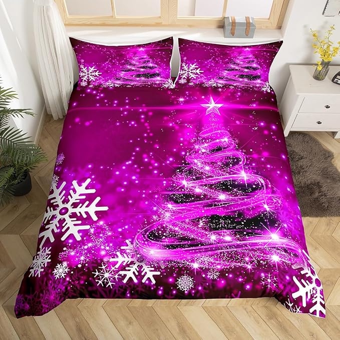 Manfei Purple Xmas Tree Duvet Cover Set Queen Size, White Snowflake Print Comforter Cover with 2 Pillowcases, New Year Theme Bedding Set 3pcs for Kids Boys Girls Bedroom Decor,No Comforter