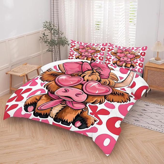kxry Cute Cattle Comforter Set Queen Size Cartoon Calf Animal Bedding Sets for Girls Teens Kids Funny Animal Soft Microfiber Lightweight Comforter Set with 1 Comforter + 2 Pillow Cases