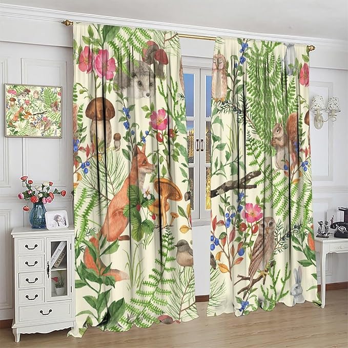 Forest Animal Curtains, Kids Rustic Wild Animal Window Treatments Watercolor Cute Woodland Fox Hedgehog Window Drapes for Nursery Toddler Bedroom 42x63in
