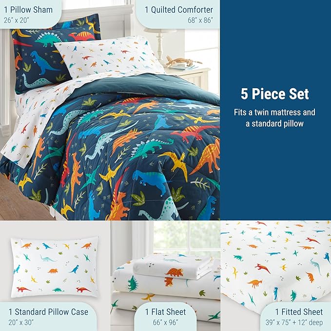 Wildkin 5-Piece Twin Bedding Set – 100% Cotton Comforter, Sheets & Pillowcase for Cozy Cuddles - Jurassic Dinosaurs