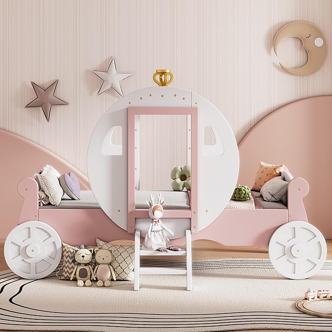 Cute Twin Size Princess Carriage Bed with Crown and Stair,Solid Wood Platform Car Bed Frame with 2 Doors,Headboard and Footboard,Safety Wood Slats for Kids Boys Girls (White+Pink-s18)