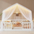 Full Size House Bed for Kids, Low Profile Full Montessori Bed with High Railings, Wood House Shape Montessori Beds with Light & Roof for Kids, White