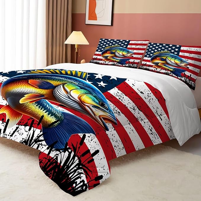 Fisherman Comforter Set King Size American Flag Bedding Set for Men Boys Teens Fishing Lover Bedroom Bass Fish Farmhouse Bed Set Wild Quilted, 1 Comforter 2 Pillowcases