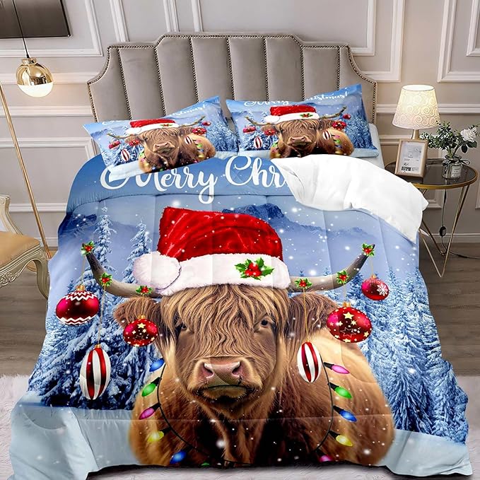 LUVIVIHOME 3PCS Funny Highland Cow Comforter Set Full Size, Christmas Bedding, Cattle Bull Animal Santa Christmas Balls Winter Holiday Xmas New Year Christmas Bedroom Decor, Cow Gifts, 2 Pillow Shams