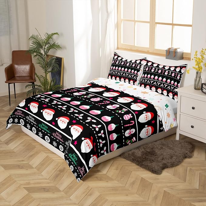 Merry Christmas Decorative Comforter Cover Full Size Xmas Cartoon Santa Claus Snowmen Duvet Cover Winter New Year Bedding Set Gifts for Kids Boys Girls 2 Pillow Cases