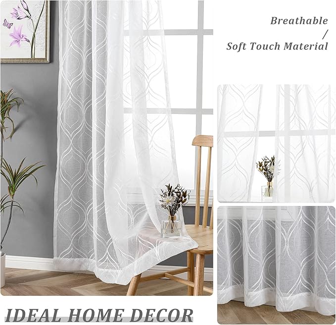 VISIONTEX White Sheer Curtains 72 Inches Long 2 Panels Set Moroccan Embroidered Curtains Trellis Decor French Textured Rod Pocket Voile Tulle Semi Window Drapes for Bedroom Living Room 54 x 72 Inches